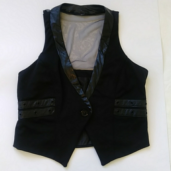 Vintage Black Vest Faux Leather Trim Sheer Back - Picture 2 of 7